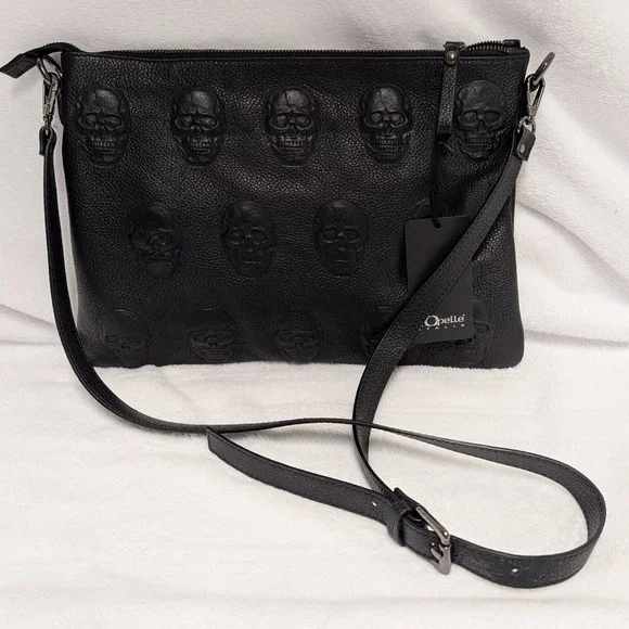 Opelle Italia‎ Black Pebbled Leather Embossed Skull Crossbody Bag Made in Italy