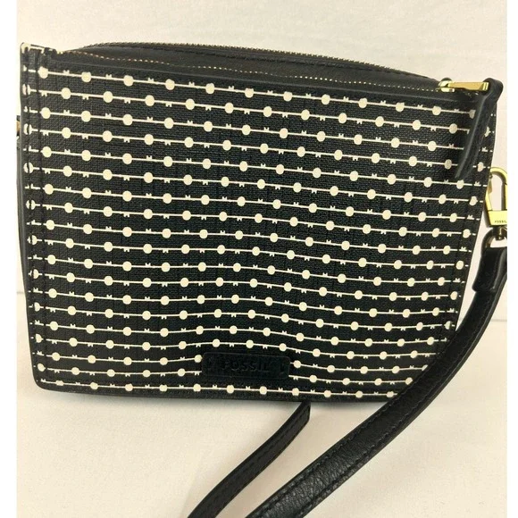 Fossil Black White Key Print Triple Zip Crossbody Bag Brass‎ Hardware