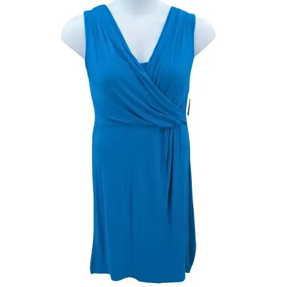 Tahari Hava Dress Large Blue Resort Coastal Faux Wrap Beach Vacation Stretchy