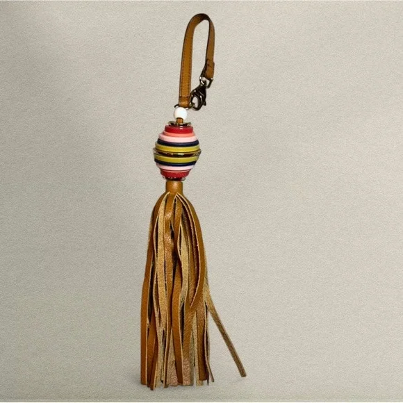 Fossil Leather Tassel Bag Charm‎ Multicolor Resin Ring Keychain Boho