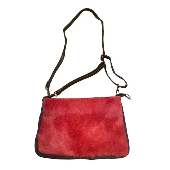 Italy-Made Crossbody Purse RED FUR Black 8.5x6in Genuine Leather Bag‎ Unique