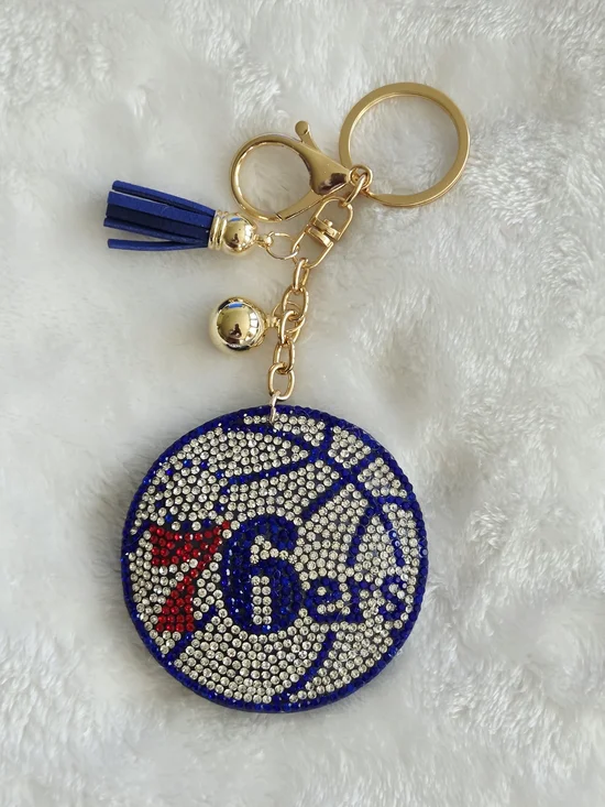 Rhinestone Basketball Philadelphia 76ers Keychain with Tassel - BBall Bag Charm