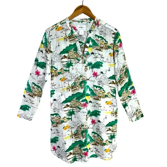 Cynthia Rowley 100% Linen Amalfi Coast Print Long Sleeve V-Neck Mini Dress Small