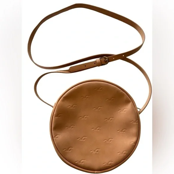 Hollister Round Crossbody Handbag Purse Faux Leather Tan Adjustable Strap Boho