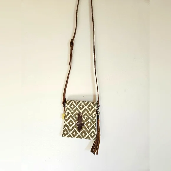 Handmade Green/White Canvas Crossbody Purse Bag Leather Strap Tassels Boho