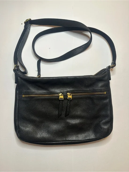 Vintage Fossil Black Leather Gold Detail Crossbody Bag