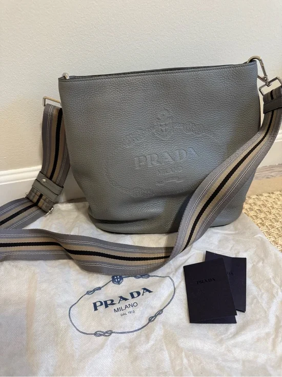 Prada Gray Pebbled Leather Messenger with Striped Strap