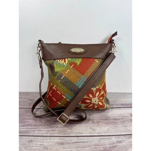 Spartina 449 Daufuskie Island Leather Fabric crossbody bag Boho EXCELLENT‎