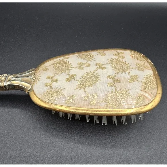 Vanity Vtg Antique Nylon Hair Brush‎ Gold Brass Tone USA