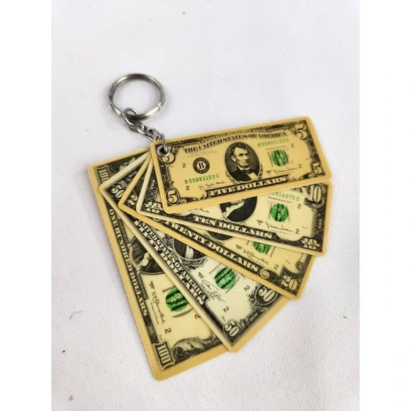 Vintage Keychain Plastic Mini Money Dollar Bills $5 $10 $20 $50 $100 1977