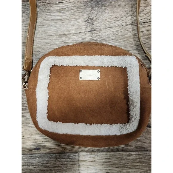 Bearpaw Faux Suede leather Sherpa fur Trim Crossbody Camera Bag - Purse