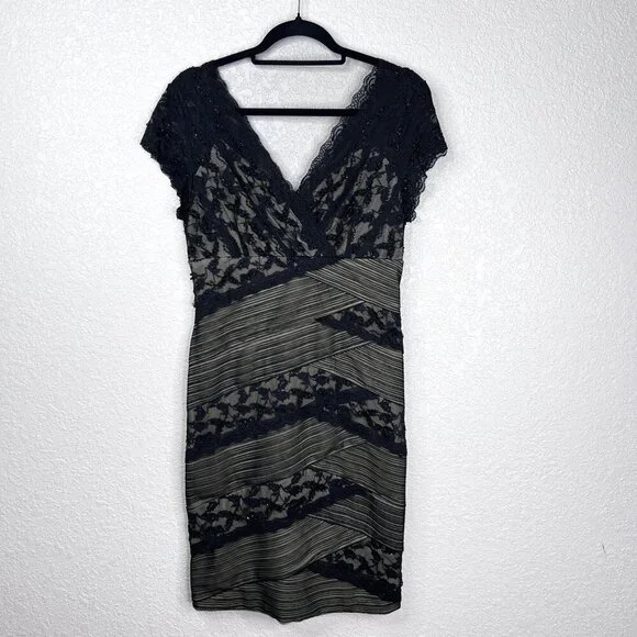 Vintage Beaded Lace Bodycon Cocktail Wiggle Little Black Dress V-Neck Size 10