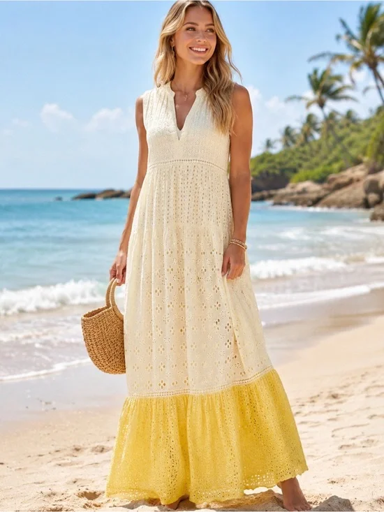 Miss June Paris Sleeveless Yellow Ombre Eyelet crochet Maxi Dress