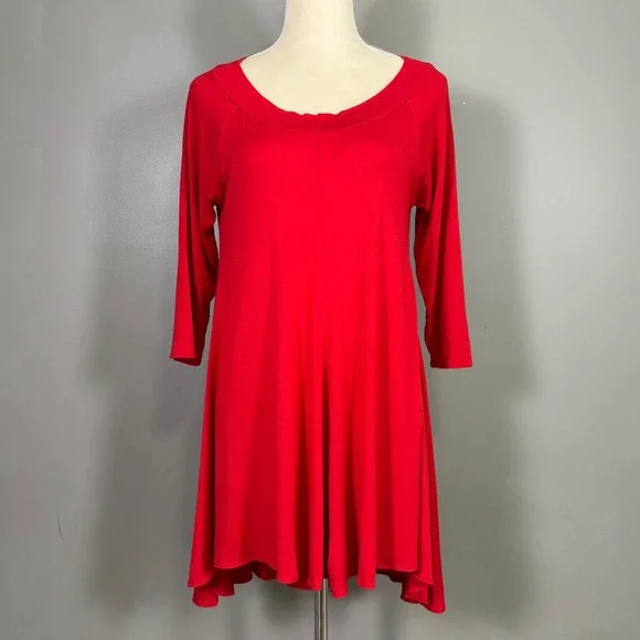Comfy USA Red High Low Swing Dress‎ Tunic M Boho Lagenlook Artsy Indie Hippie