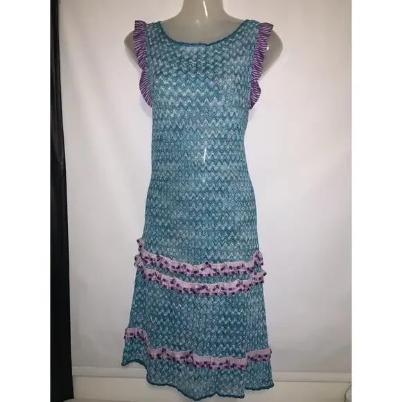 MISSONI MARE BLUE AND PURPLE CROCHET KNIT MIDI DRESS SIZE IT 44 US MEDIUM