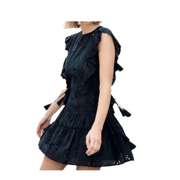 MISA Marieta Eyelet Mini Dress Size L Navy Ruffle Tiered Boho