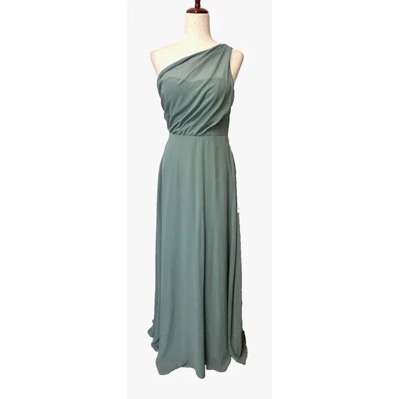 BIRDY GREY Womens S Dress Gown One Shoulder Chiffon Sea Glass Green Goddess Maxi