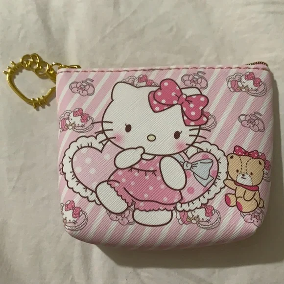 Hello Kitty and Tiny Chum Teddy Bear Pink Striped Zip Coin Purse