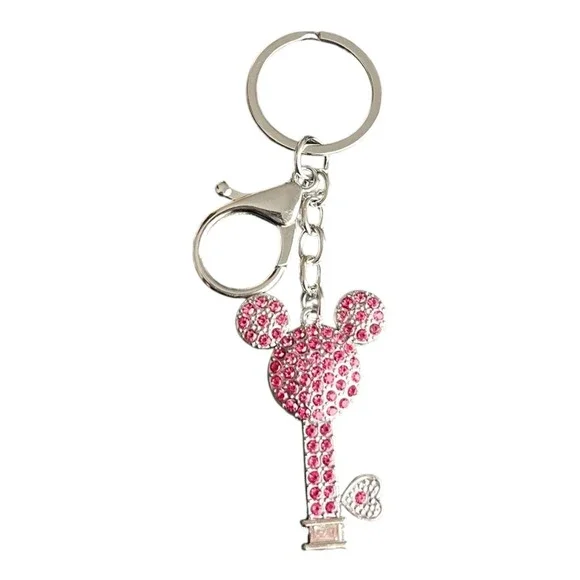 Women's Pink Crystal Key Chain Mickey Mouse Key Charm Silver Tone 4in