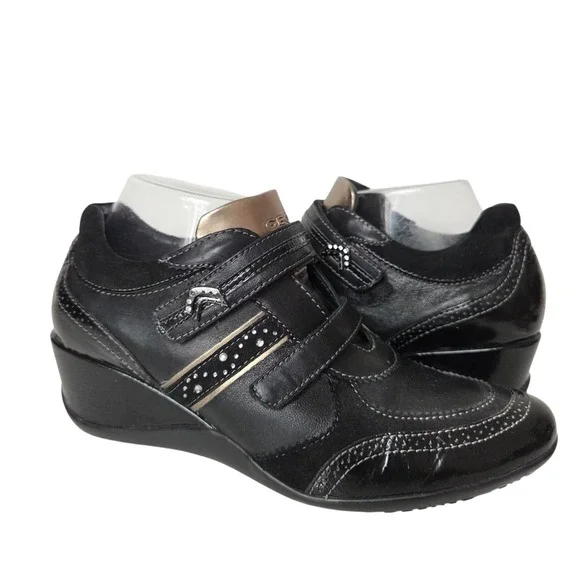 Geox Respira Sz 10 Leather Sneakers‎ Wedged Heel Womens Black D1387B