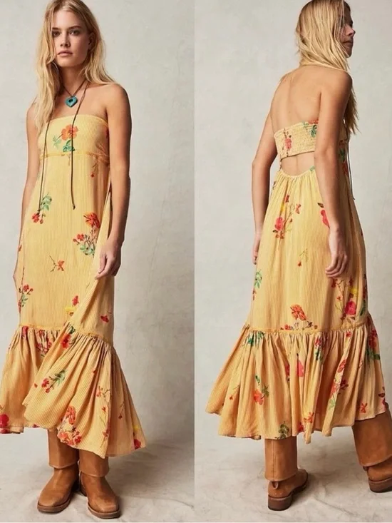 Free People Yellow Rosie Posie Sleeveless Midi Dress Size XL NWT