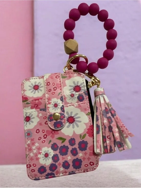Floral Pink Cardholder Keyring with Beaded Wristlet and Tassel