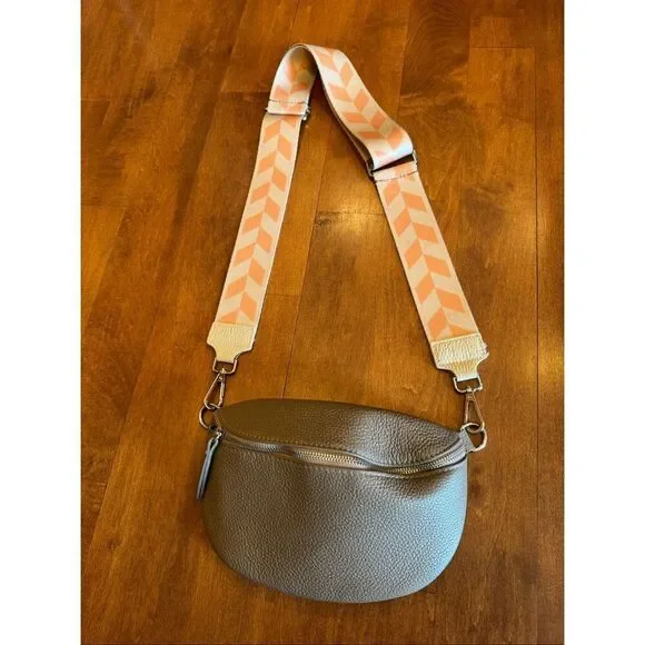 Taupe Pebbled Leather Belt Bag Crossbody w/ Adjustable Peach Chevron Guitar Stra