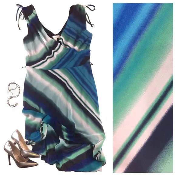 Striped Ombre Sleeveless Dress in Navy Blue, Green, White -14- Dress Ba…