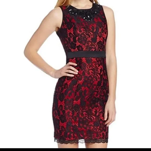 XOXO Red Black Lace Beaded Dress