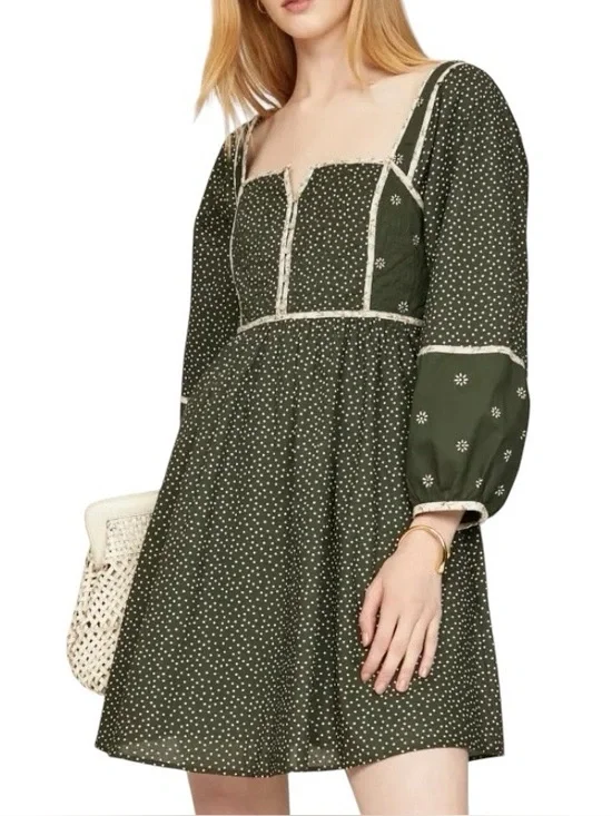 Madewell Green Floral Dress 0 Puff Sleeve Square Neck Cottagecore Pockets
