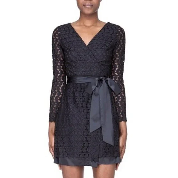 Diane von Furstenberg Sz 8 Black Lace Satin Tie Elegant Formal Wrap Dress RARE