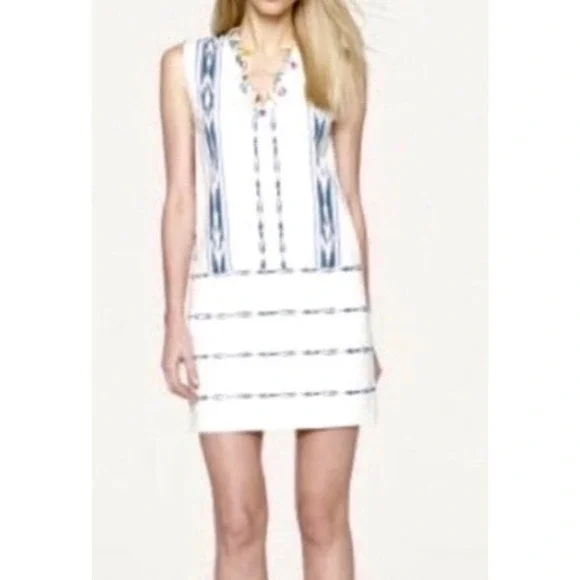 Ralph Lauren White Blue Ikat Stripe Sleeveless V Neck Shift Dress‎ Size 10