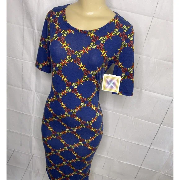 Lularoe Julia‎ Dress Blue Color Print Short Sleeve Boat Neck Midi Women XS NWT