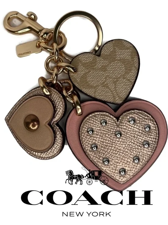 Coach Heart Appliqué Rose Gold and Pink Dangle Keychain Charm Fob F40696
