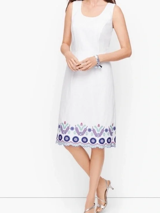 Talbots White Linen Blend Embroidered Hem Sleeveless Sheath Dress Size 16P NWT