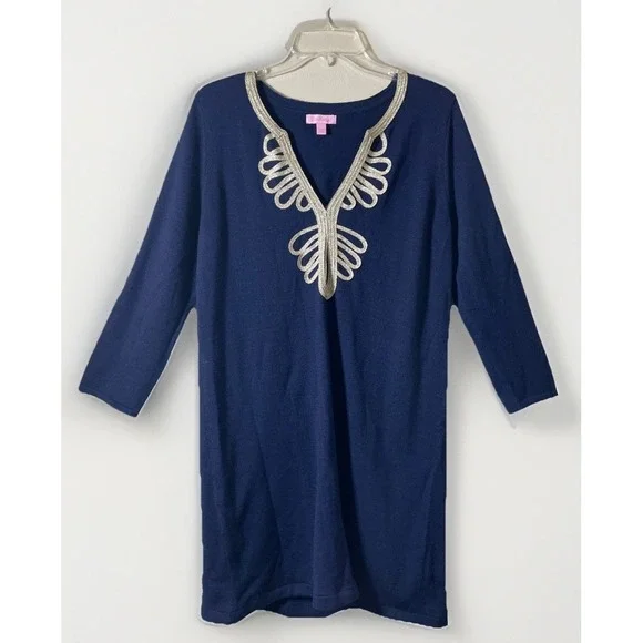 Lilly Pulitzer Navy Blue Devlin Shift Dress Gold Embroidered Neckline Women's L