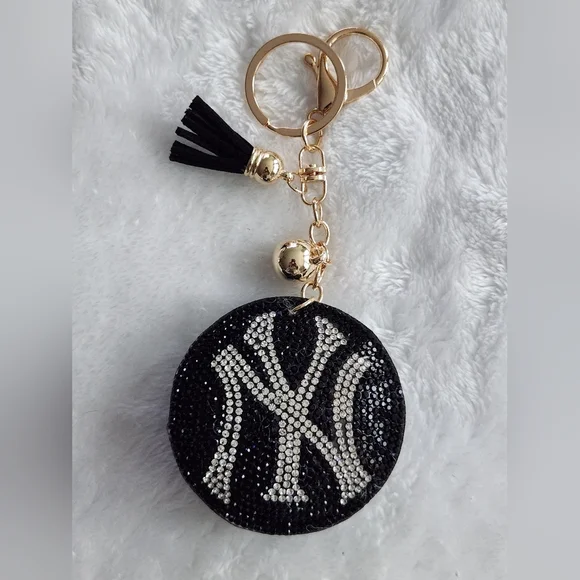 NY Yankees Black and Silver Rhinestone Keychain with Tassel Bag Charm