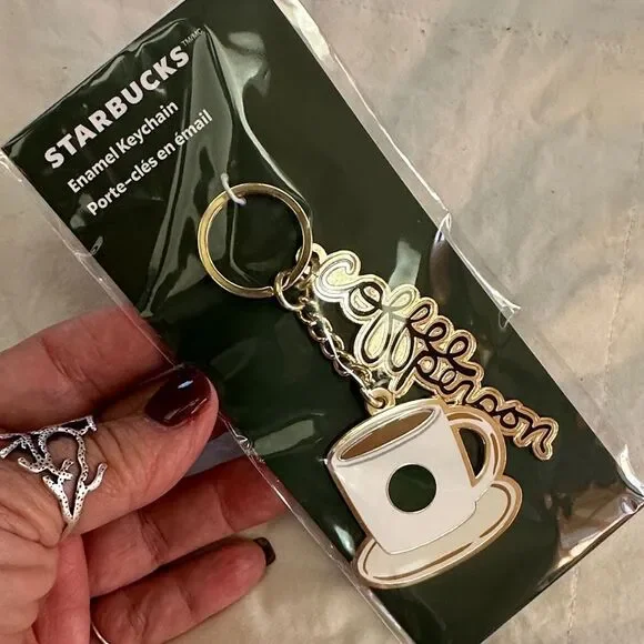 Starbucks Gold and White Enamel Coffee Cup Keychain