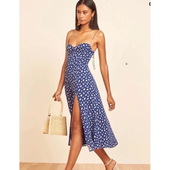 Reformation Juliette Midi Dress Blue White Polka Dot Slit Size 0