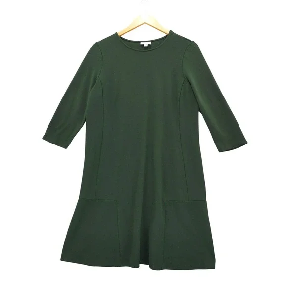 J Jill Ponte Knit Dress Green Midi 3/4 Sleeve Pockets‎ Size M