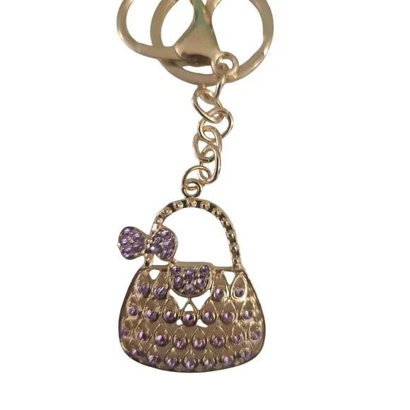 Gold Tone Purse Handbag Charm Keychain Purple Rhinestones Bow Accent‎ Women