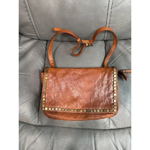 Cognac Brown Genuine Leather Studded Crossbody Bag Distressed Boho Small Purse