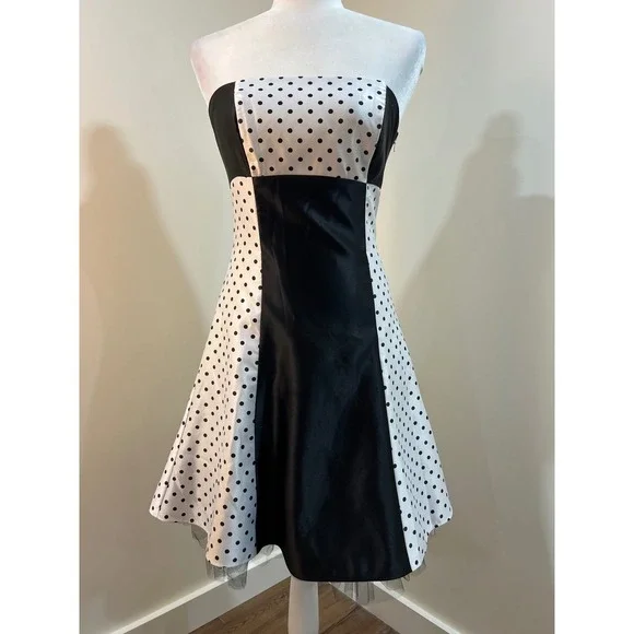 Jessica McClintock Gunne Sax Polka Dot Strapless Corset Dress Black White Size 5