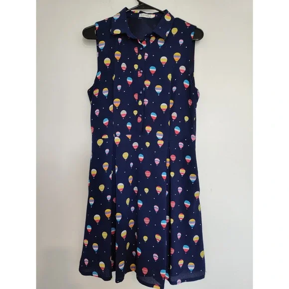 L.A.SGUL Navy Hot Air Balloon Print Sleeveless Shirt Dress Womens Large A-Line