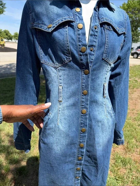 Mebon Dark Wash Denim Shirt Dress Button Front Western Style Small
