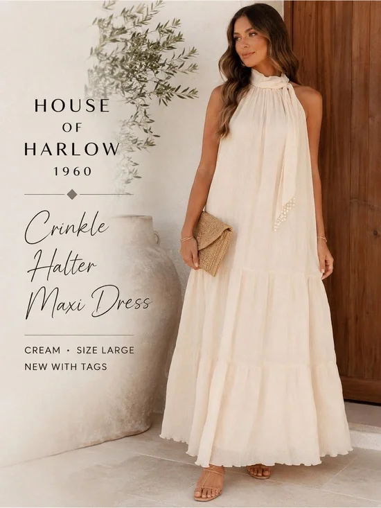 House of Harlow 1960 Cream Crinkle Halter Maxi Dress NWT Size Large Pearl Tie