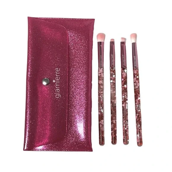 5 pc Makeup Brush Set & Case NEW! Pink Glitter Hearts
