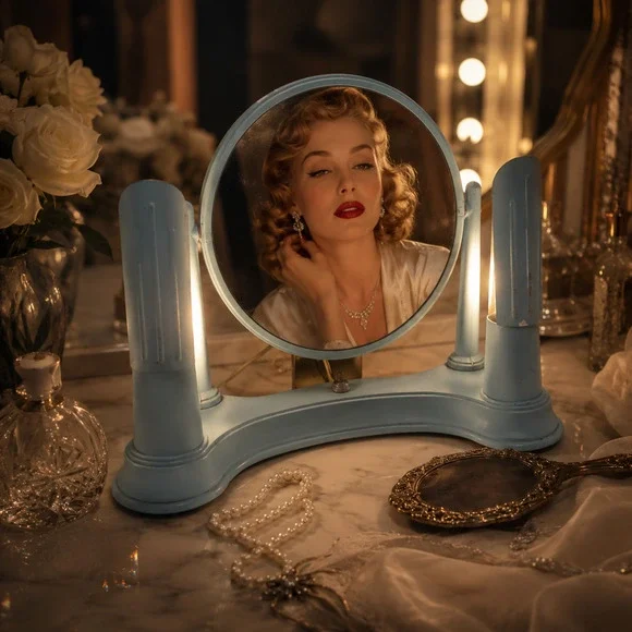 Vintage Bel Ayre Art Deco Boudoir Vanity Mirror Lighted Makeup Powder Blue