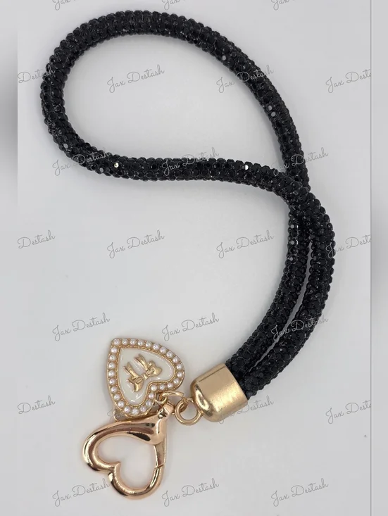 Gold Heart Charm Black Crystal Cord Phone/Key Lanyard CH4380
