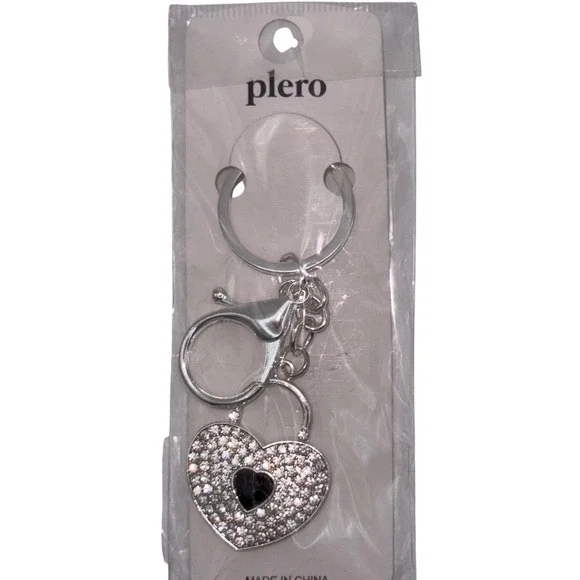 Plero Heart Rhinestone Keychain Black Accent Silver‎ Tone Lobster Clasp